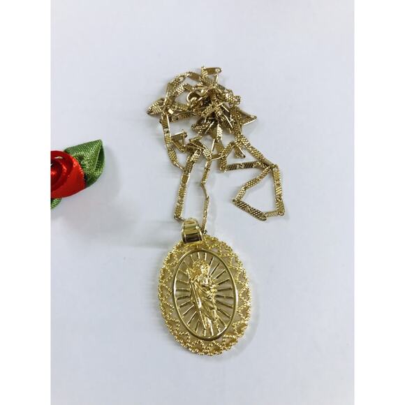 18K Gold Filled Oro Laminado Thin Necklace w/ San Judas Tadeo Oval Religious 23" - Picture 5 of 5